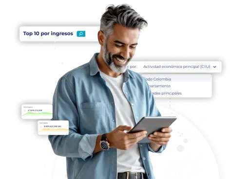 Hombre con tablet revisando ranking de empresas por ingresos en plataforma de análisis empresarial.