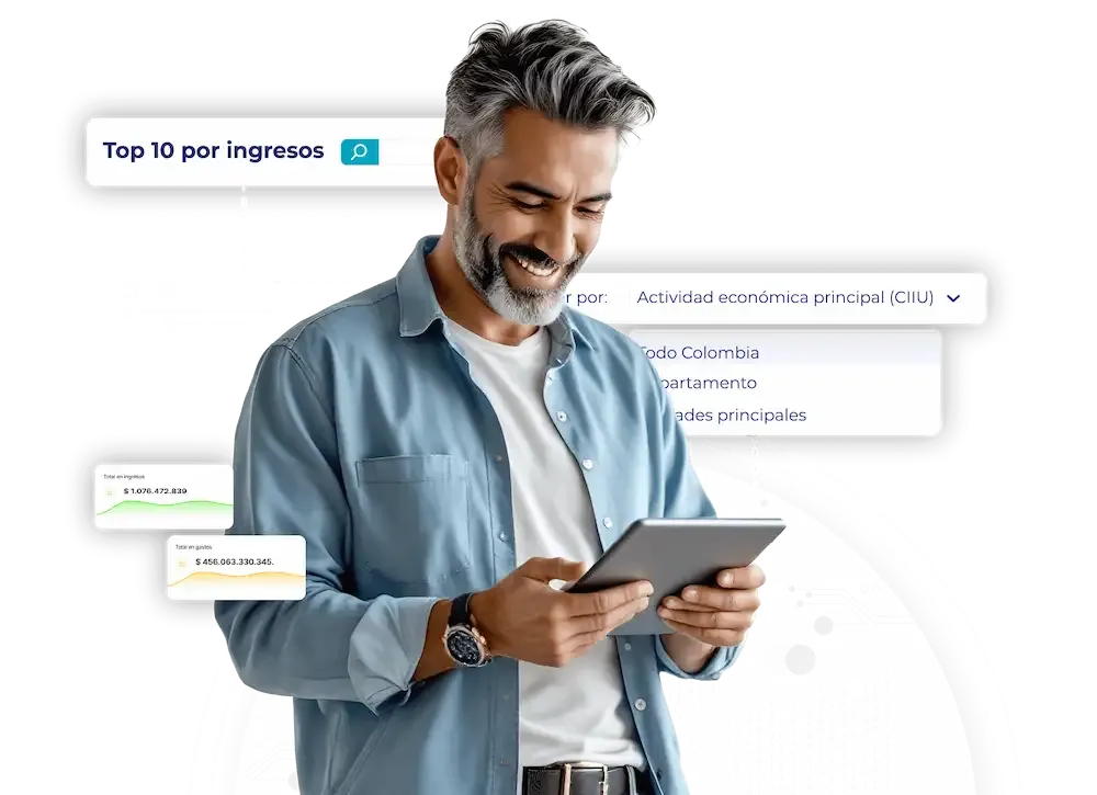 Hombre con tablet revisando ranking de empresas por ingresos en plataforma de análisis empresarial.