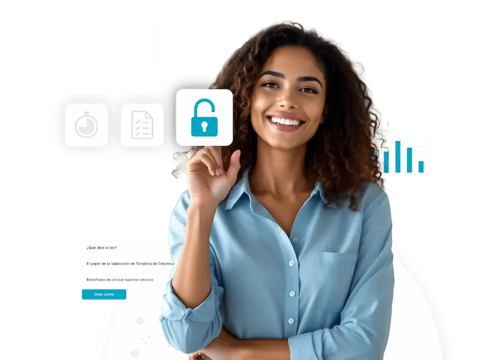 Mujer sonriente con blusa azul señalando un ícono de candado, representando seguridad y protección de datos en una plataforma digital.